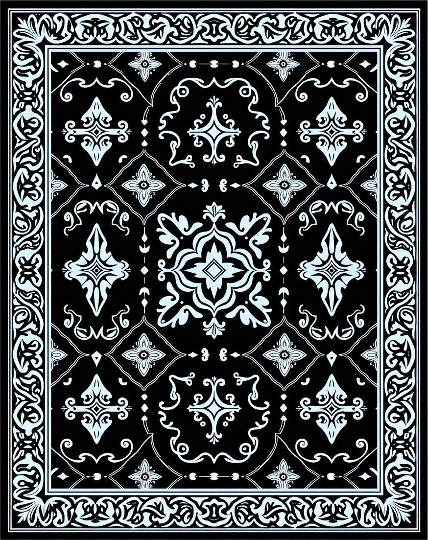 Ornate Floral Black White Pattern Rug