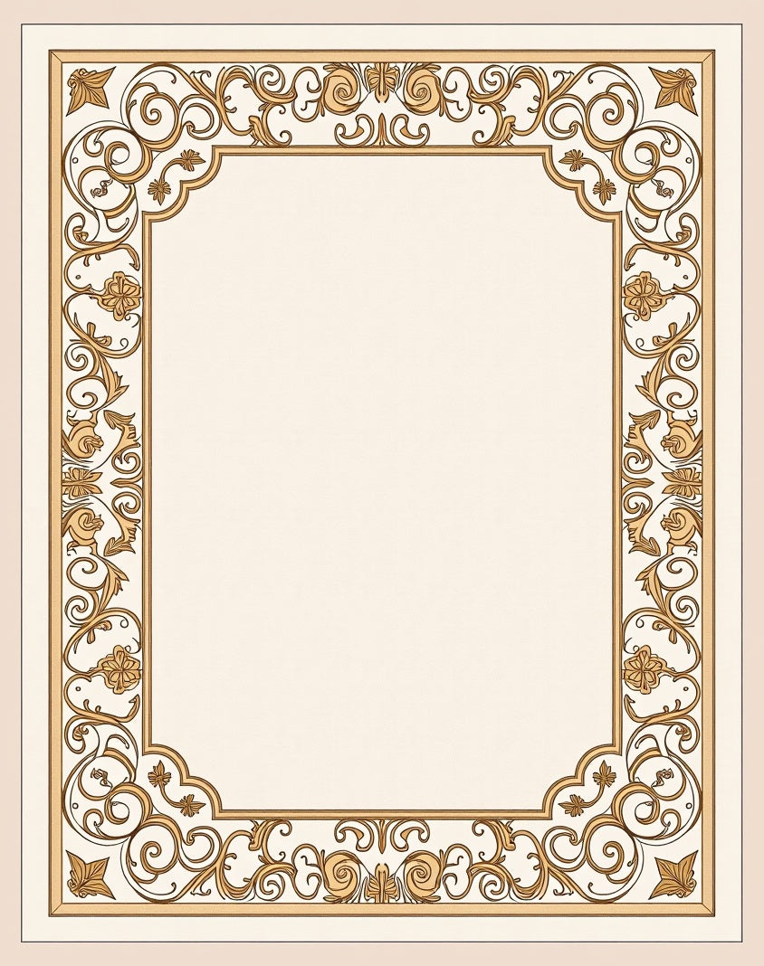 Ornate Gold Scrollwork Floral Border Rug