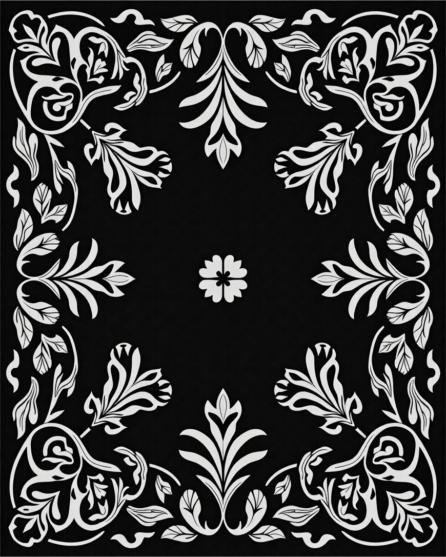 Black White Floral Scroll Pattern Rug