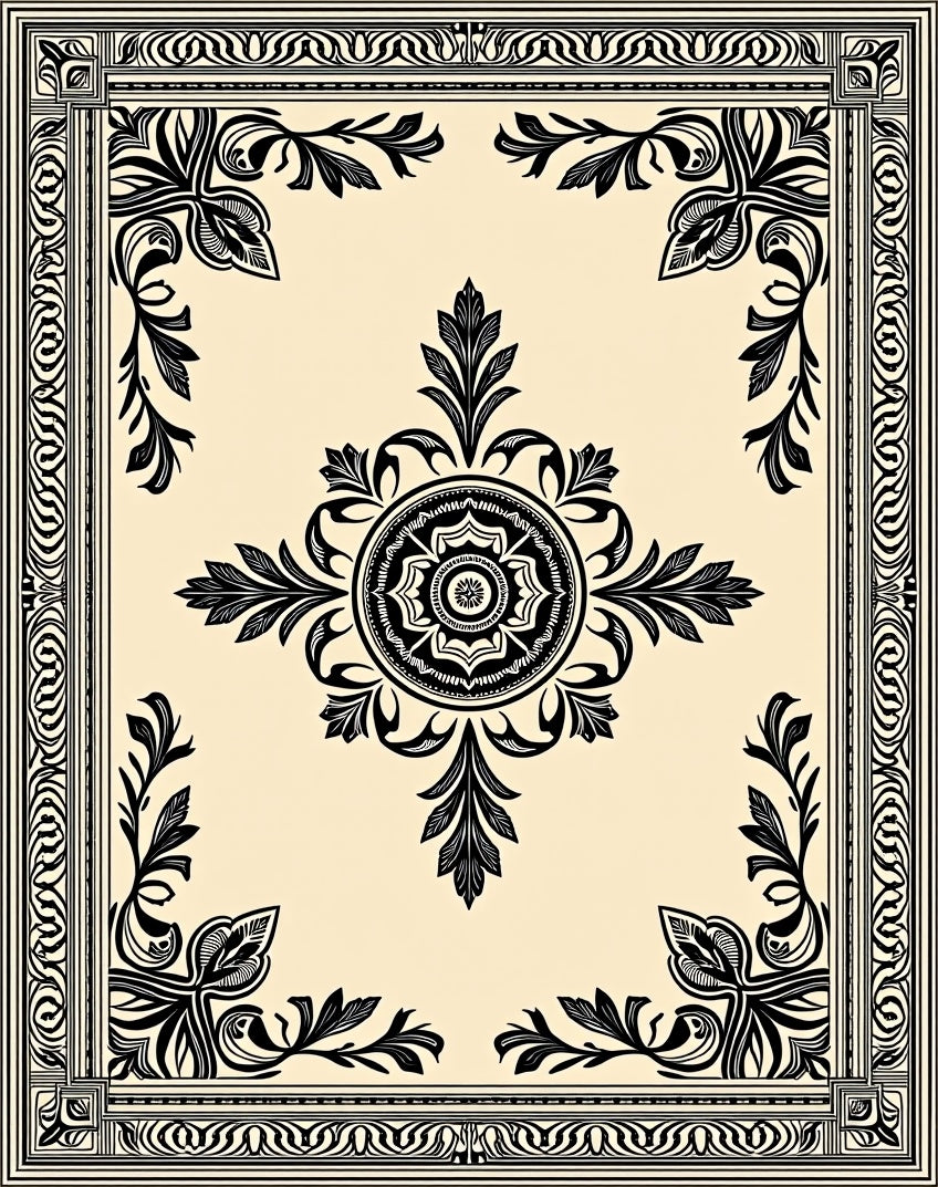 Cream and Black Medallion Floral Border Rug