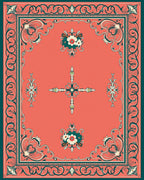 Ornate Coral Floral Scroll Framed Rug