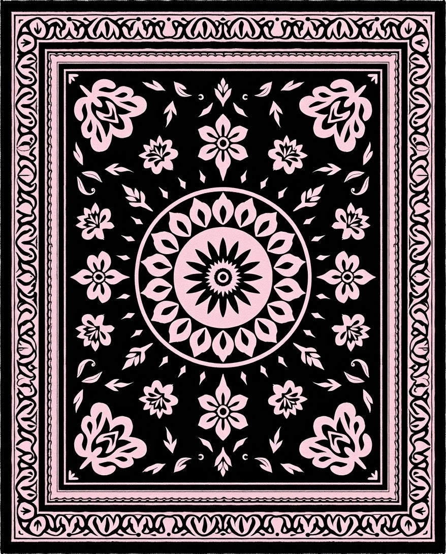 Black Blush Floral Medallion Border Rug