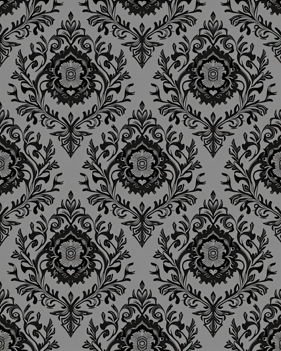 Black Gray Damask Floral Pattern Rug