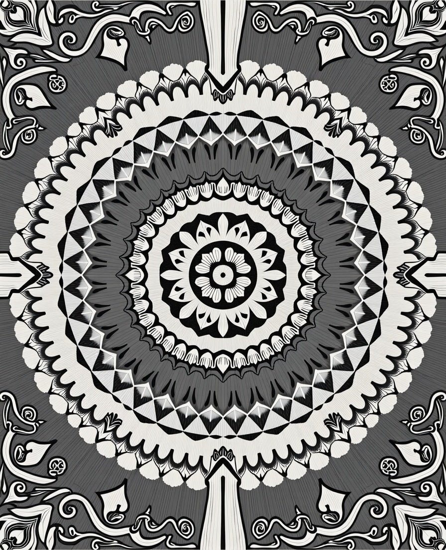 Monochromatic Intricate Radial Floral Design Rug