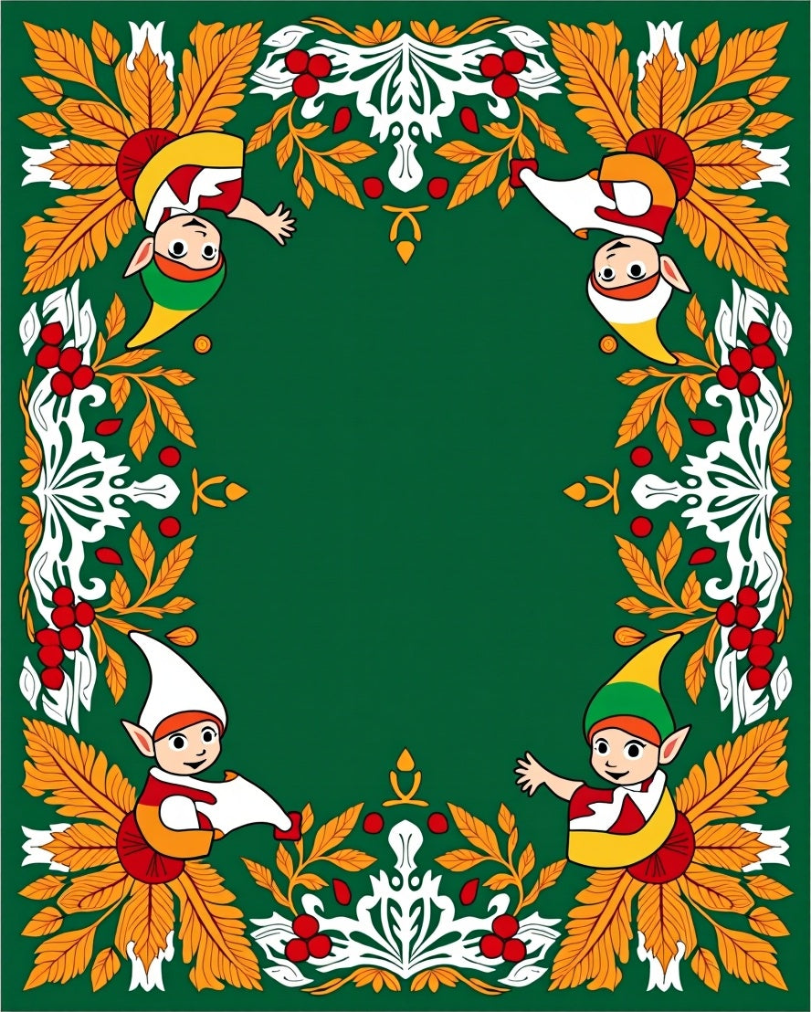 Whimsical Elf Floral Border Green Rug