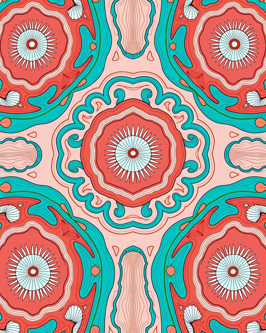 Coral Teal Abstract Sunburst Pattern Rug