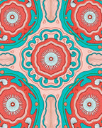 Coral Teal Abstract Sunburst Pattern Rug