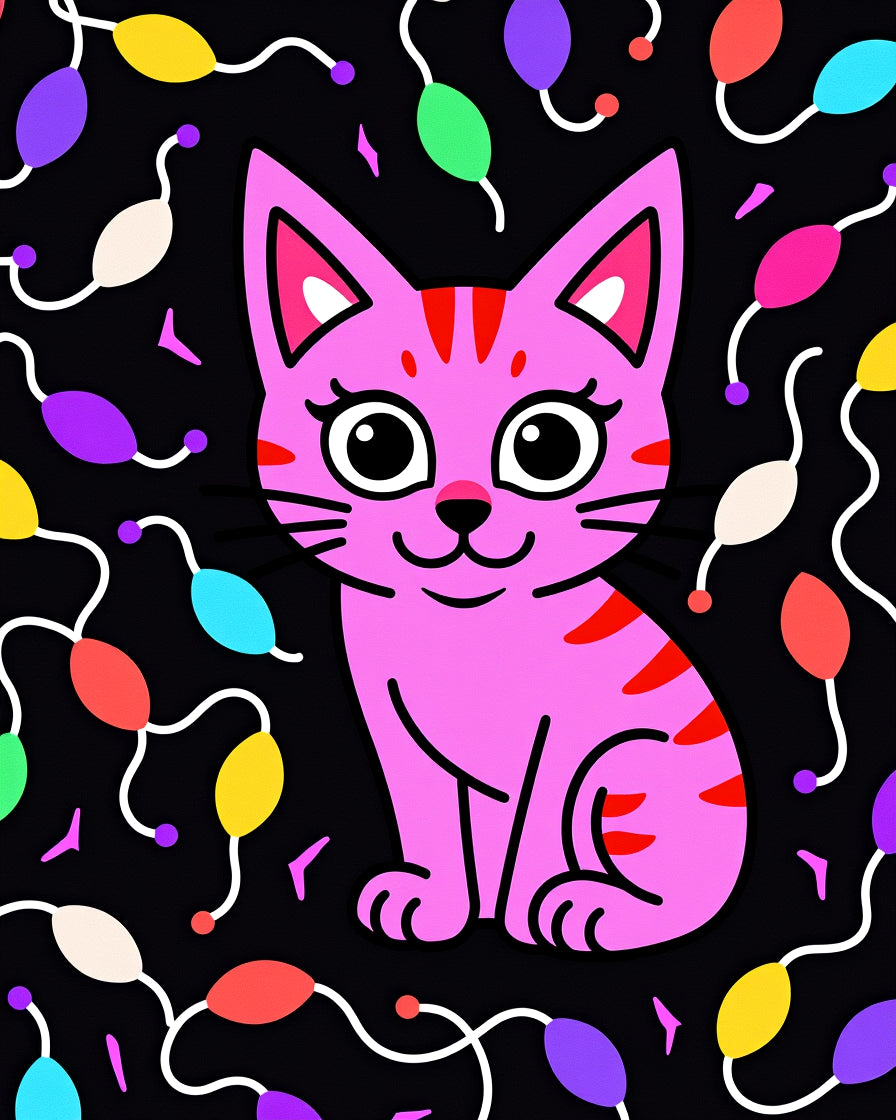 Pink Cat With Colorful Festive Lights Rug