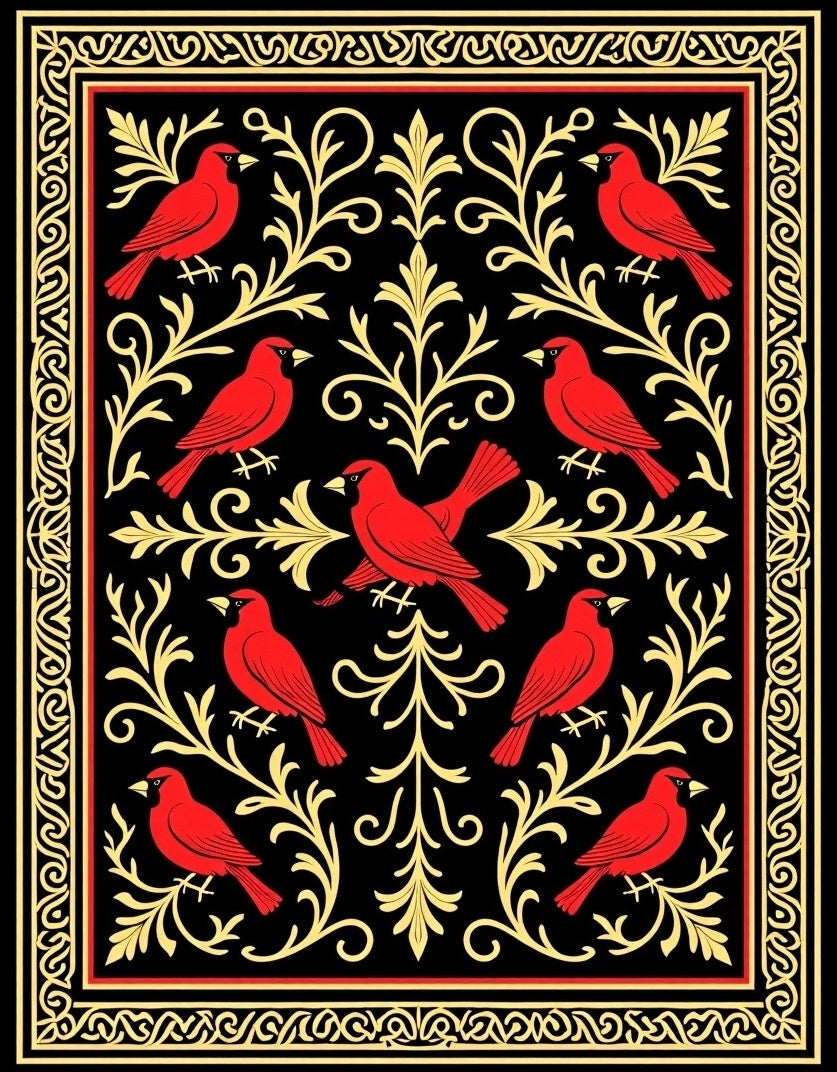 Red Cardinal And Gold Floral Pattern Rug