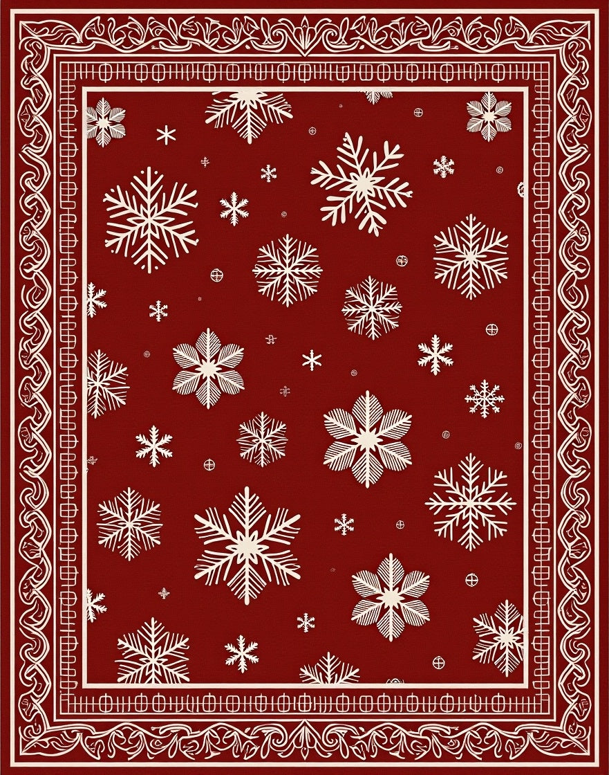 Snowflake Patterned Red Border Rug