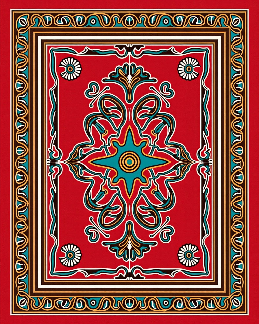 Red Floral Star Bordered Decorative Rug