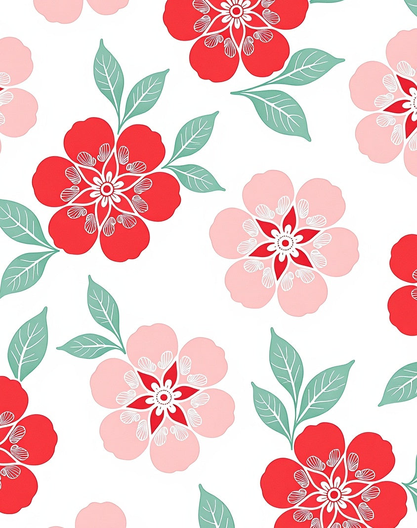 Bold Red Pink Floral Leaf Pattern Rug