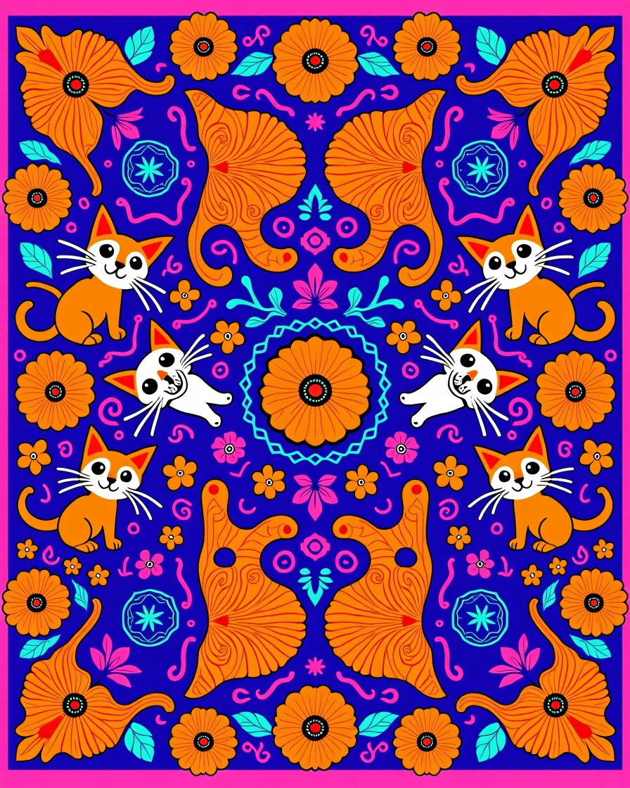 Whimsical Floral Cat Family Design Rug