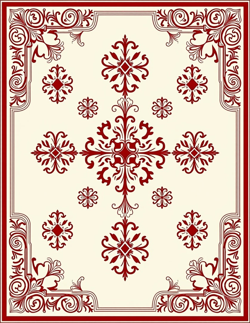 Traditional Red Cream Damask Rug