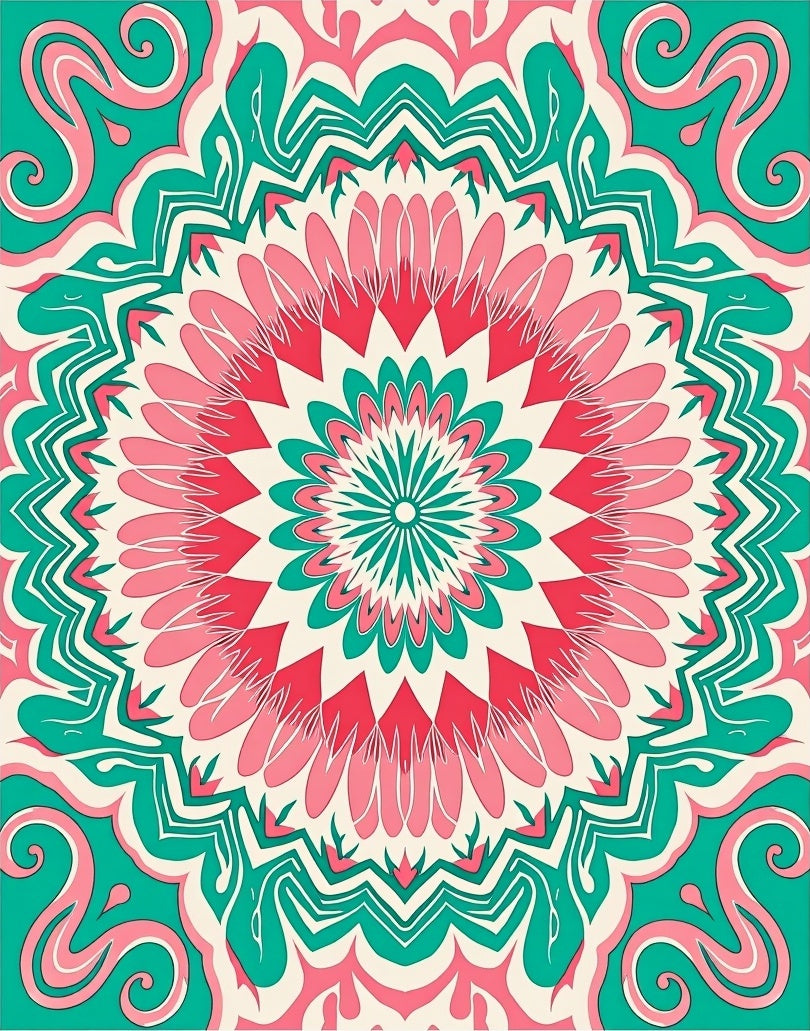 Intricate Teal Pink Flower Mandala Pattern Rug
