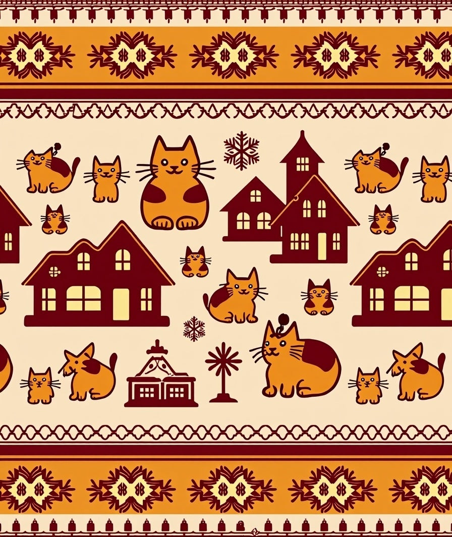 Whimsical Cats and Houses Pattern Rug