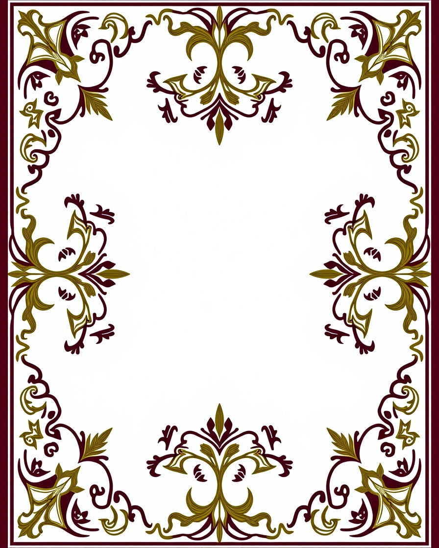 Plum Gold Leaf Scrollwork Frame Rug