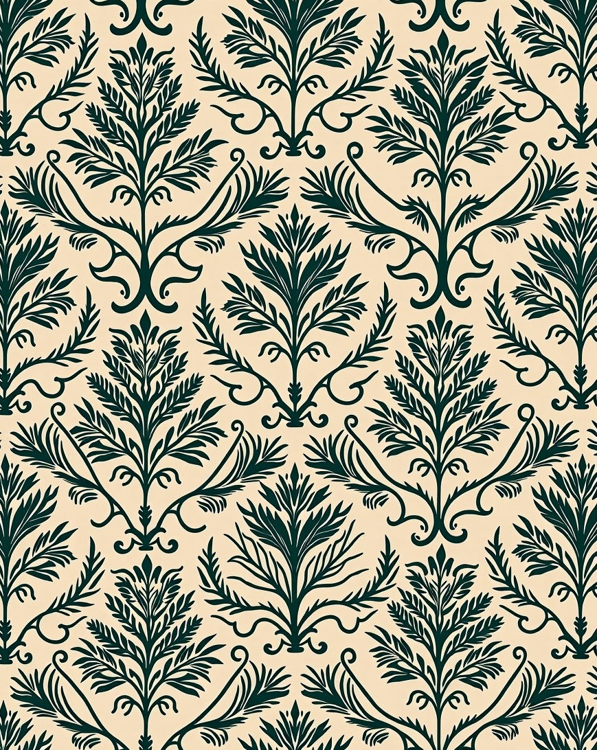 Dark Green Botanical Damask Pattern Rug