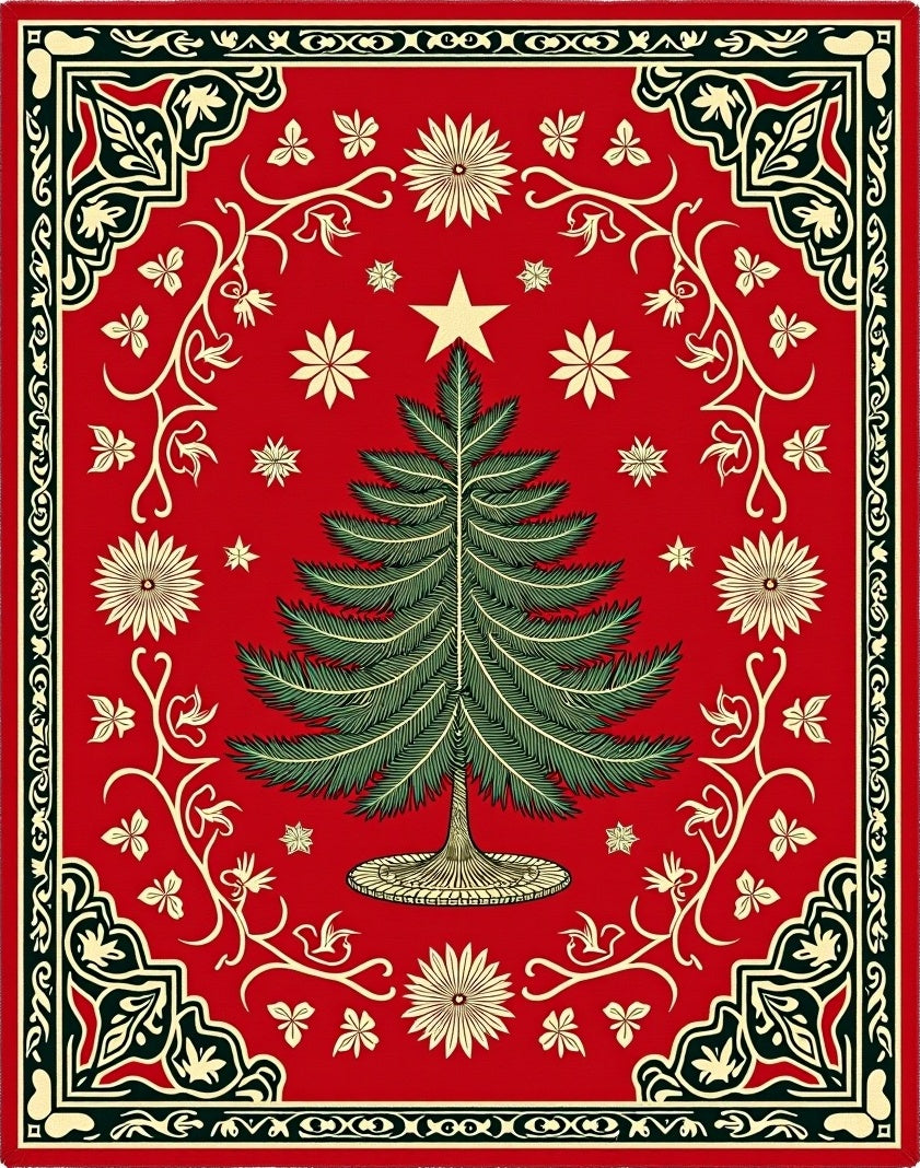 Festive Christmas Tree Floral Border Rug