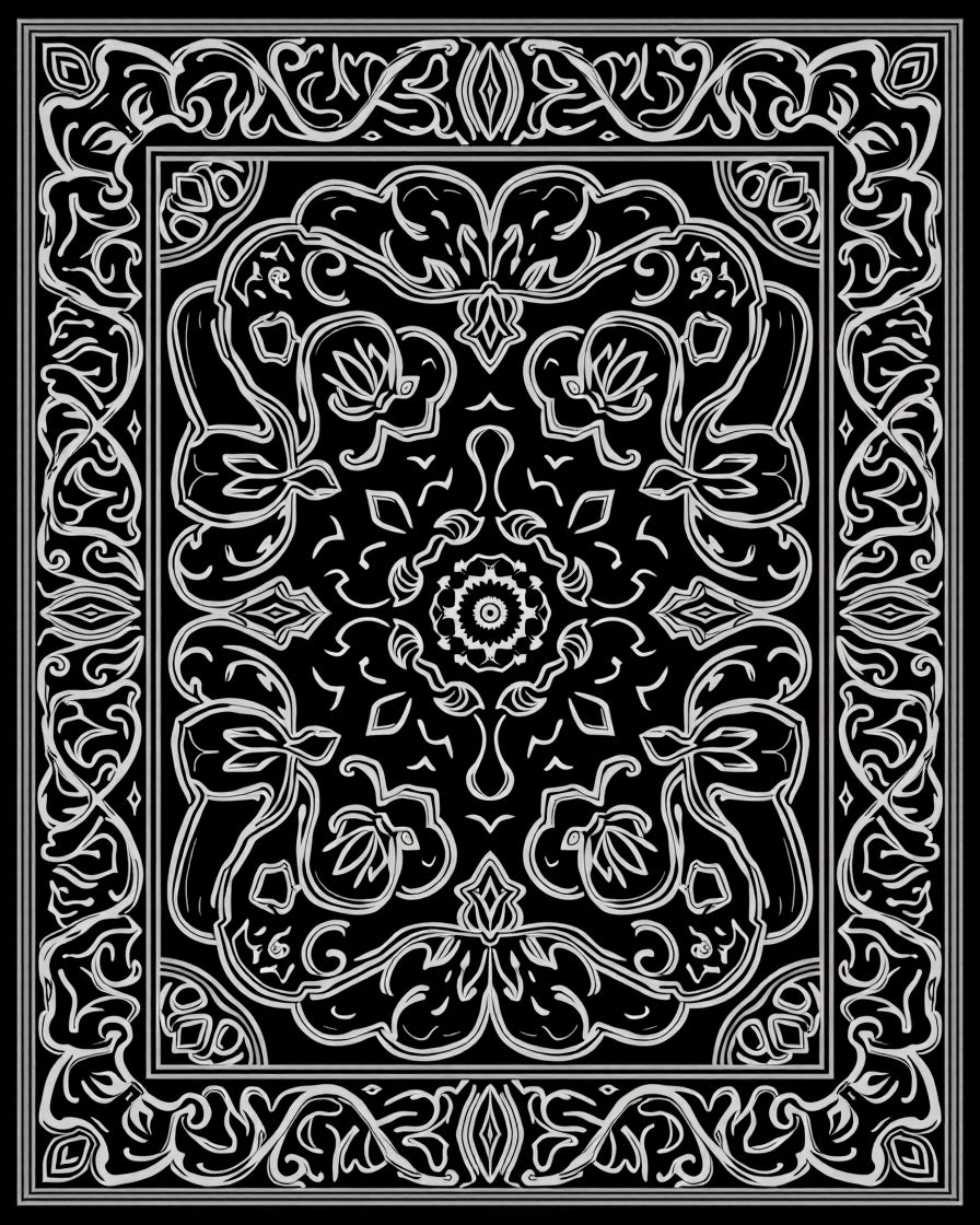 Elegant Black White Floral Patterned Rug