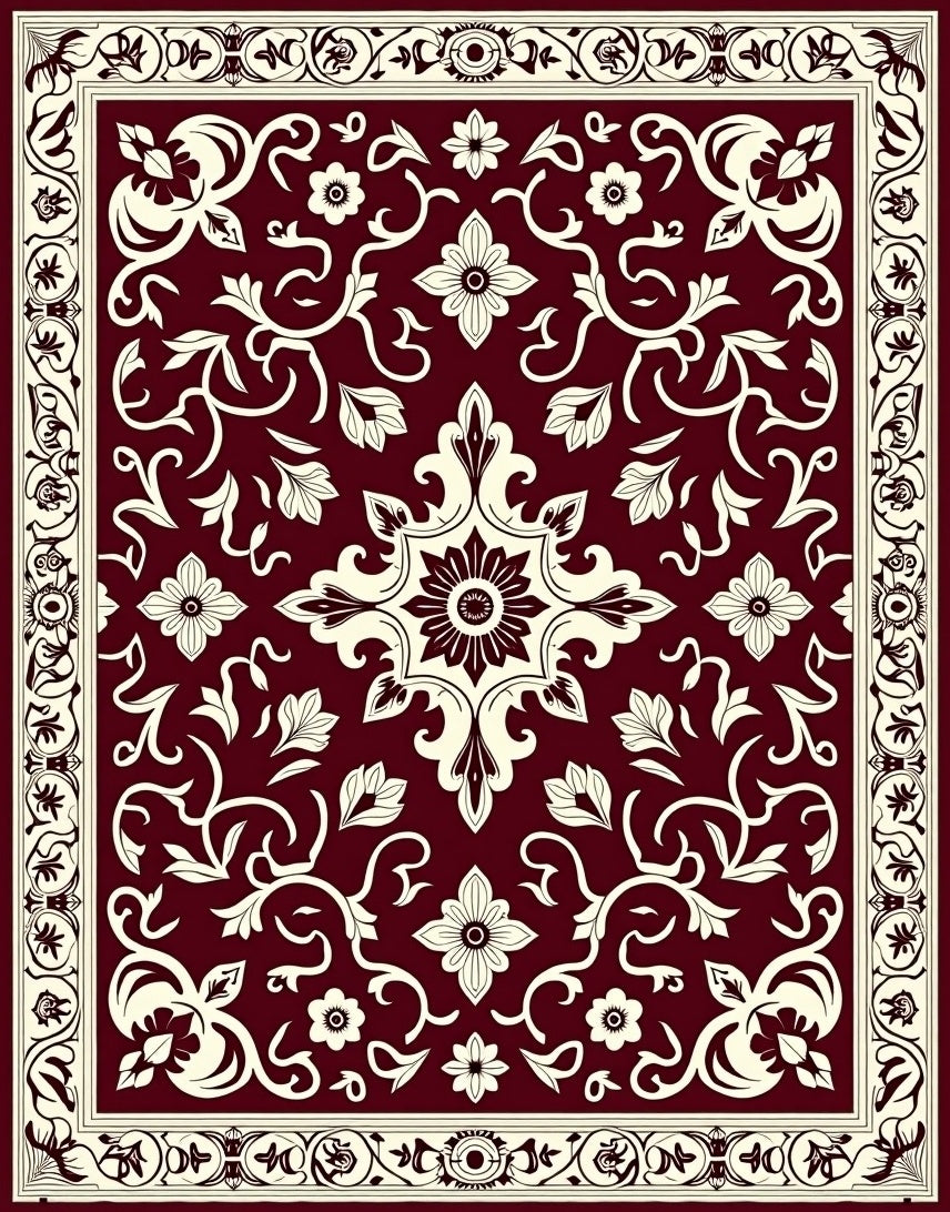 Elegant Maroon Floral Scroll Pattern Rug