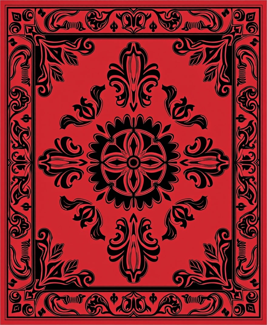 Ornate Floral Black Red Rug