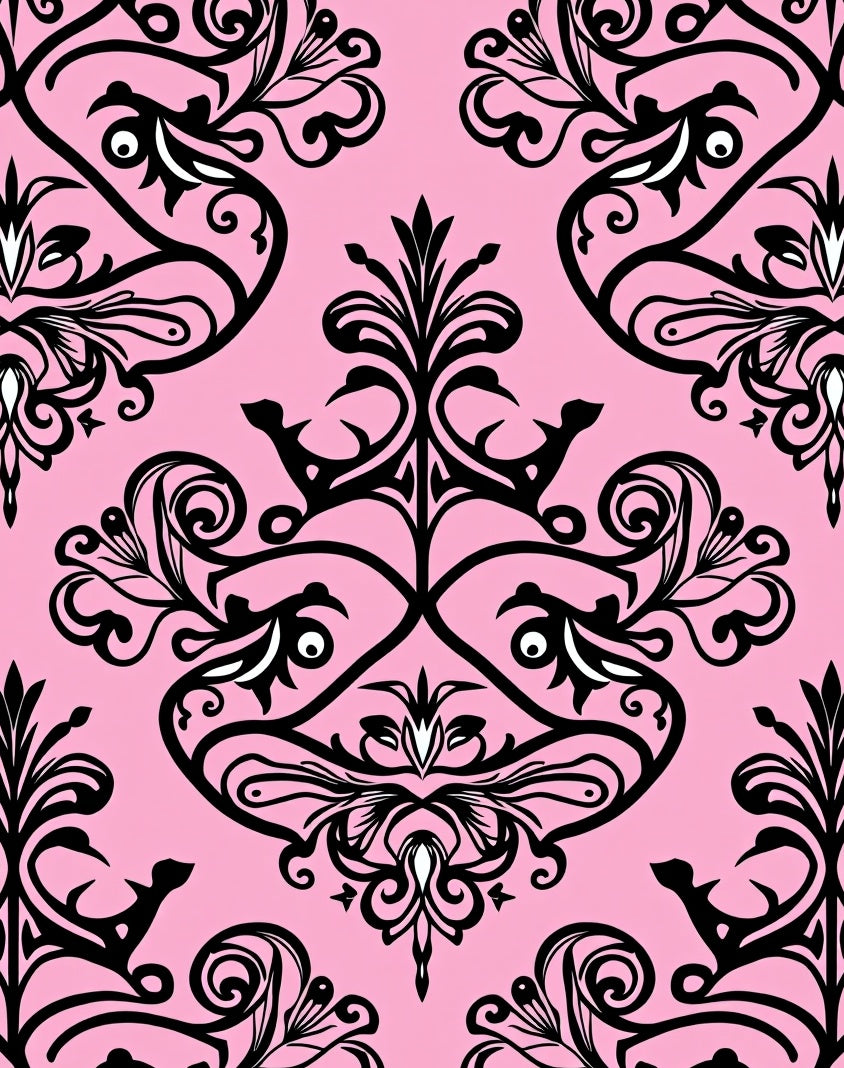 Pink Black Damask Floral Pattern Rug