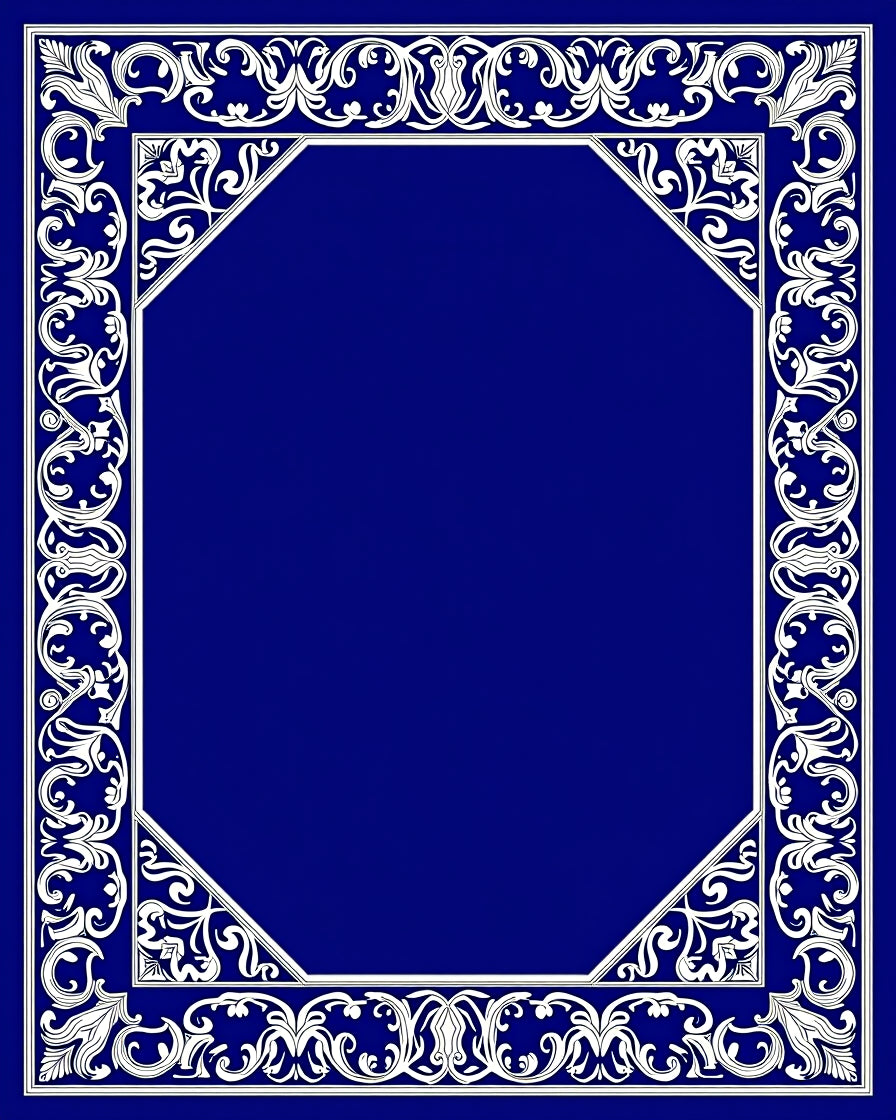 Elegant Blue White Floral Scroll Frame Rug