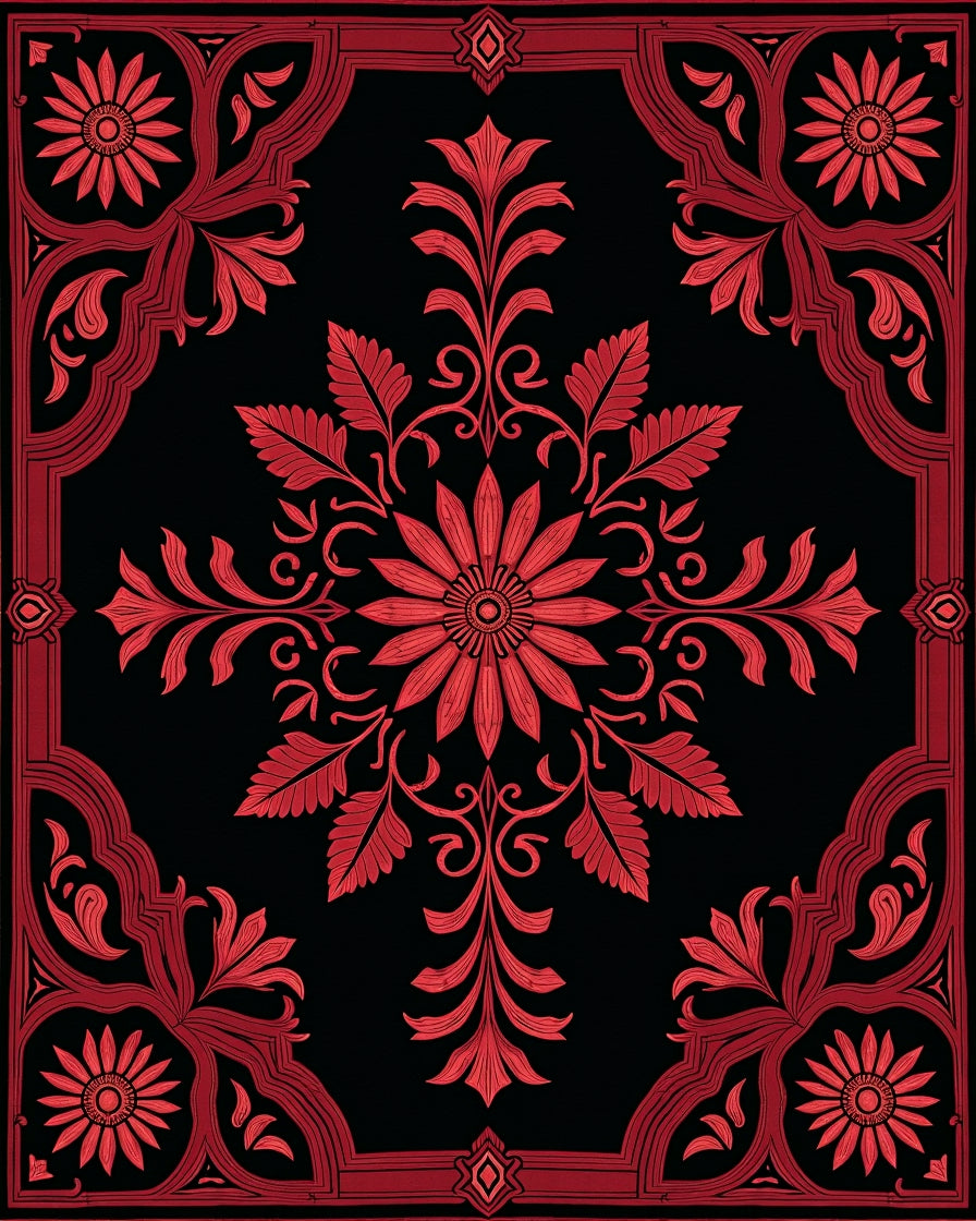 Ornate Red Floral Scrollwork Pattern Rug