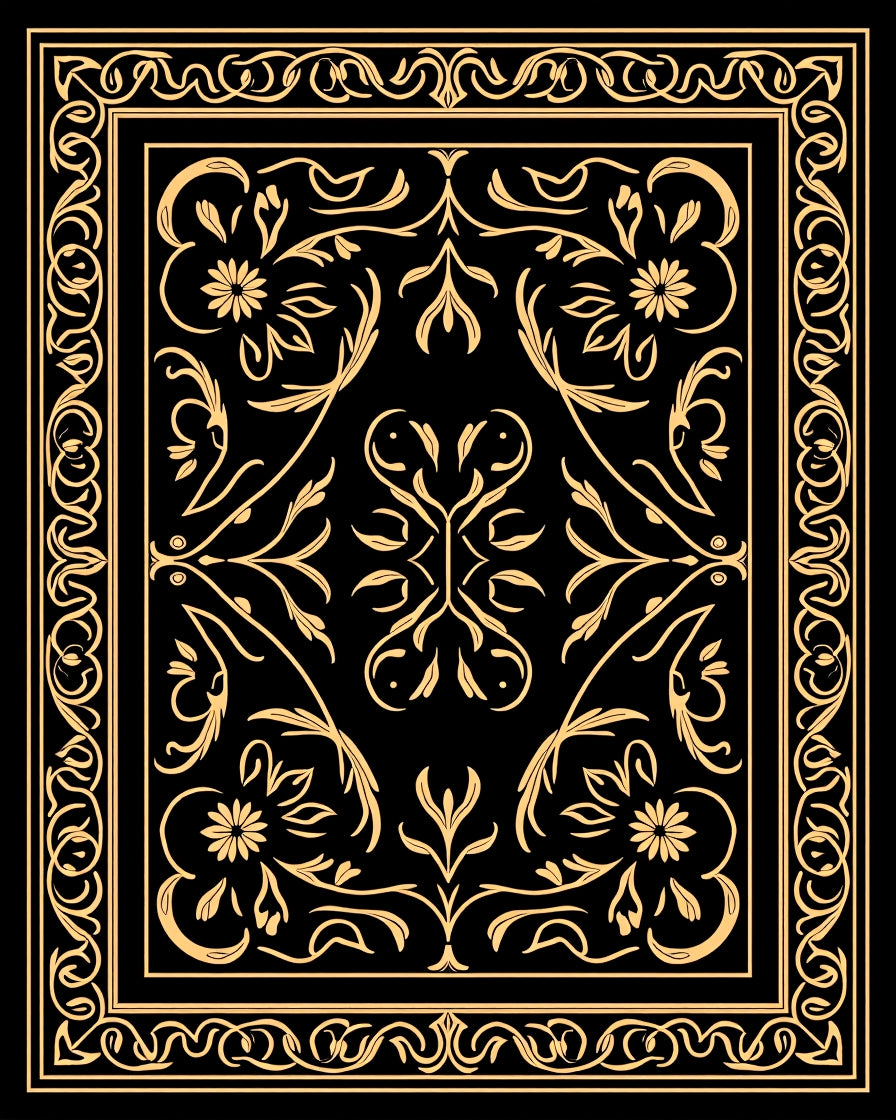 Elegant Black Gold Floral Border Design Rug