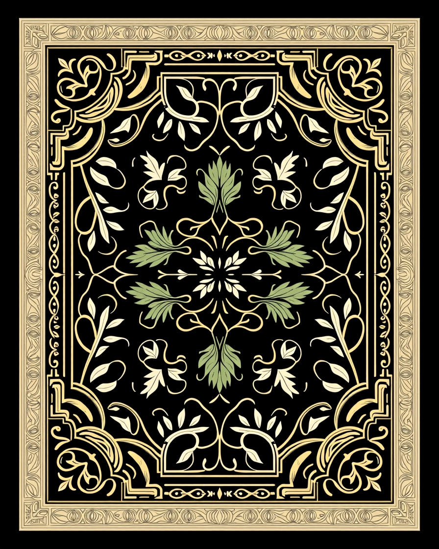 Ornate Black Gold Floral Pattern Rug
