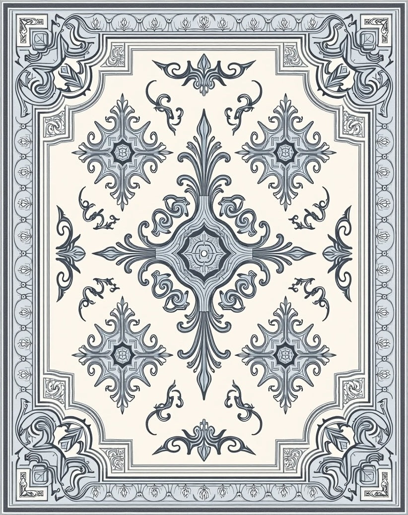 Ornate Blue Ivory Filigree Pattern Rug