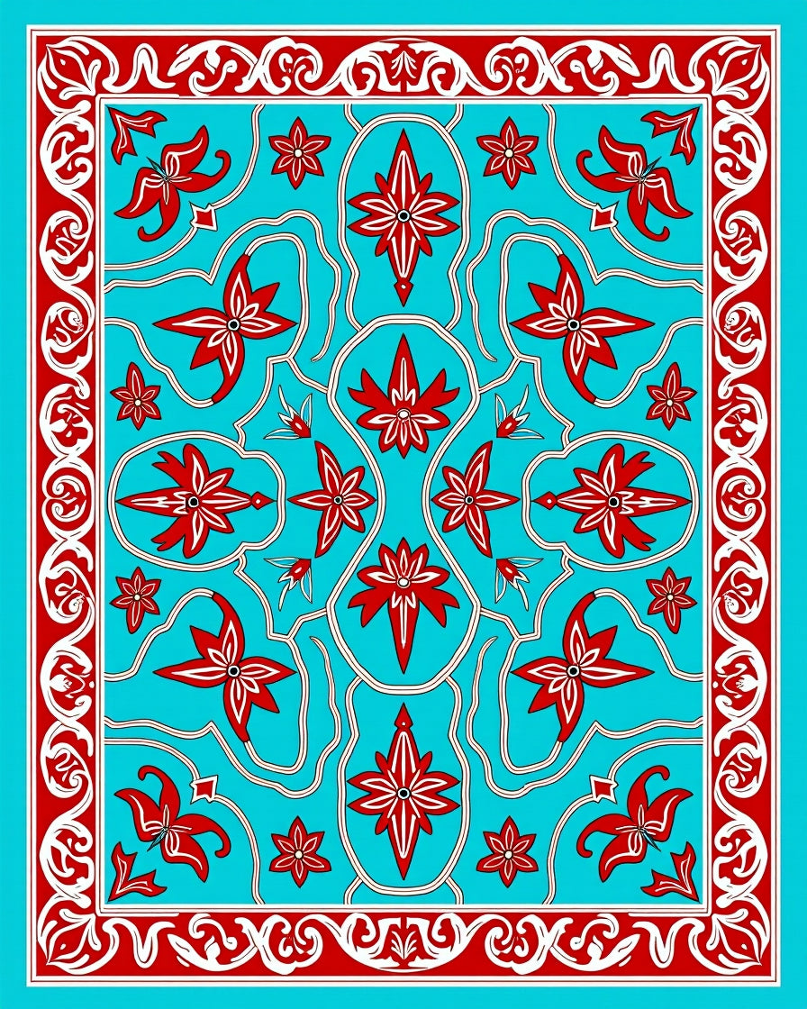 Turquoise Red Floral Medallion Border Rug
