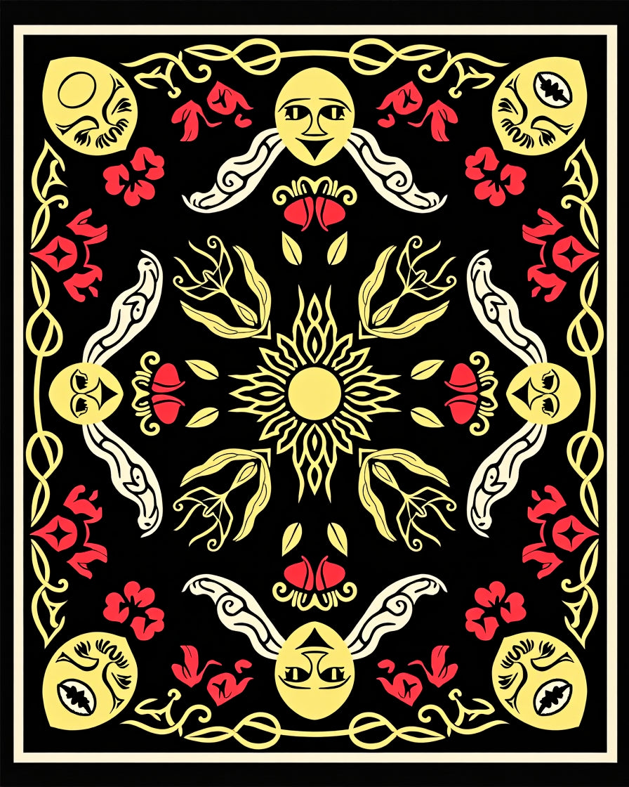 Bold Sun Flower Folk Art Rug