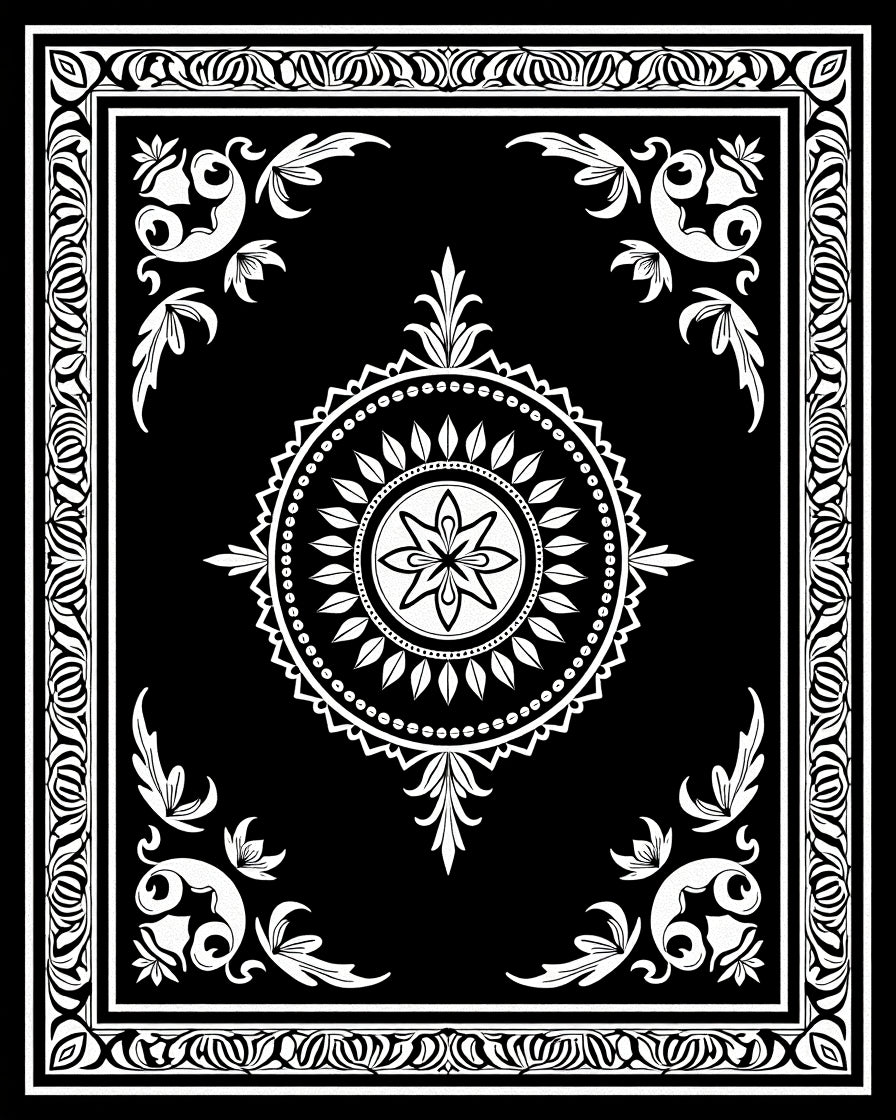 Black White Floral Mandala Border Rug