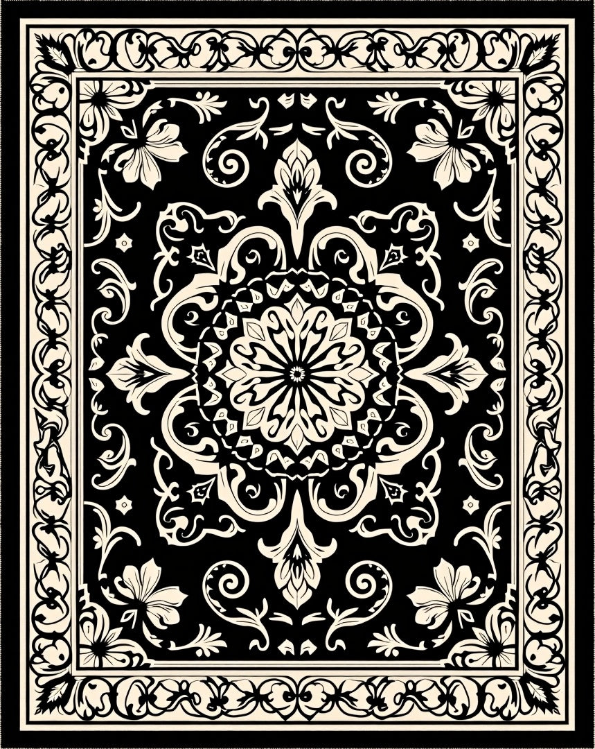 Intricate Black Floral Mandala Rug