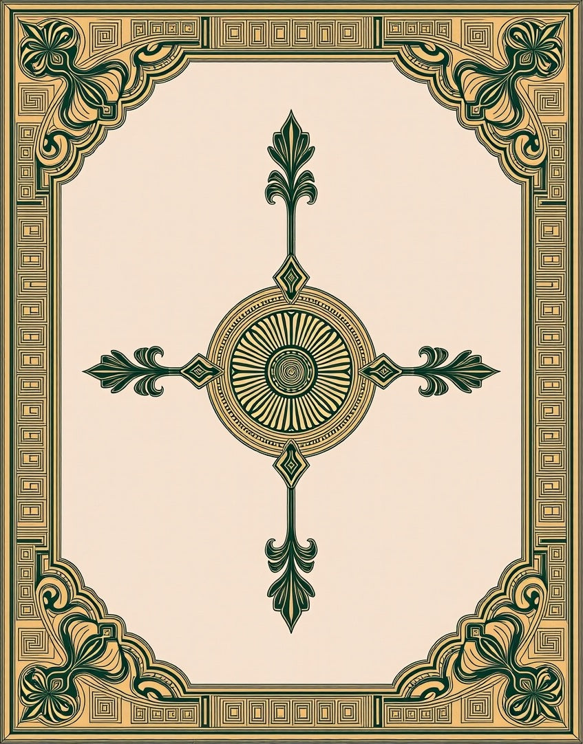 Ornate Dark Green Golden Medallion Frame Rug