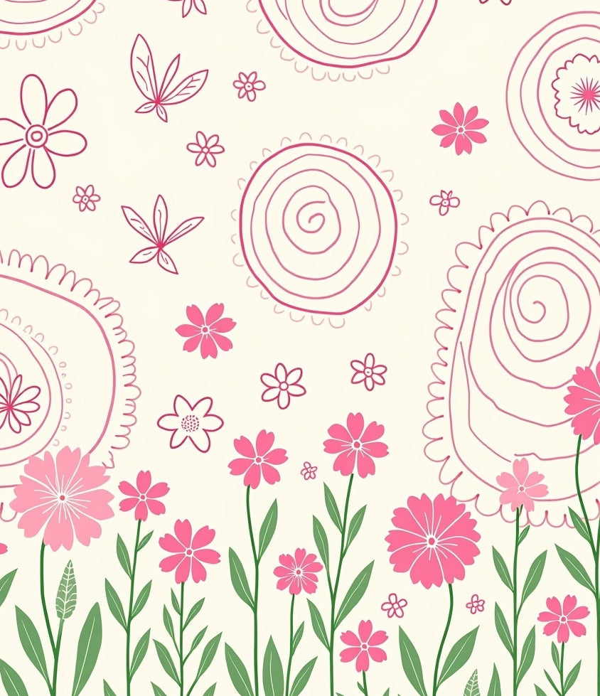 Pink Floral Swirl Doodle Pattern Rug