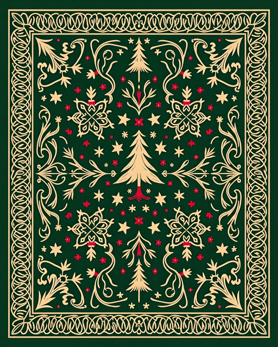 Festive Green Floral Tree Pattern Rug
