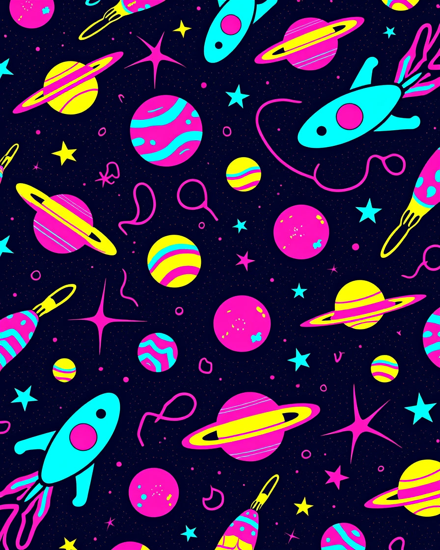 Retro Space Rocket Planets Neon Rug