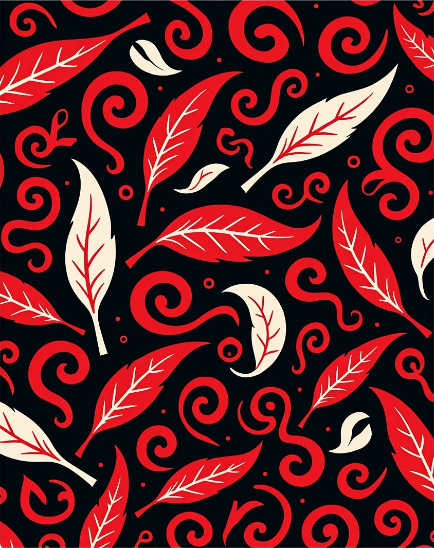 Red Cream Swirl Leaf Pattern Rug