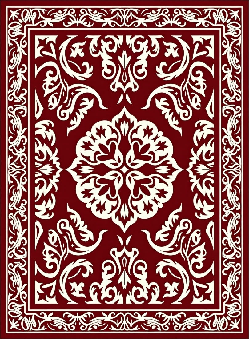 Rich Crimson and Cream Damask Rug