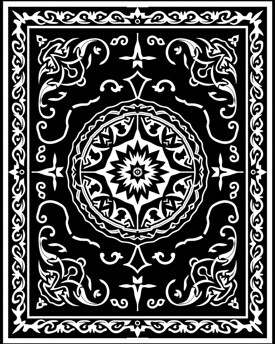 Intricate Black White Floral Medallion Rug