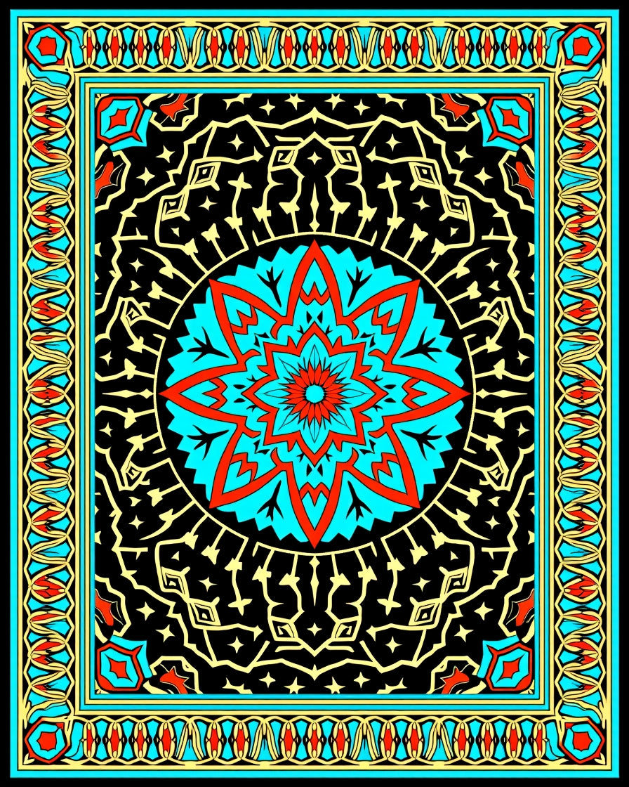 Intricate Floral Medallion Black Blue Rug