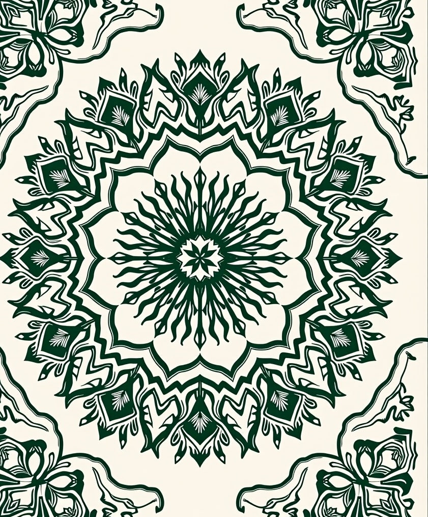Dark Green Floral Medallion Mandala Rug