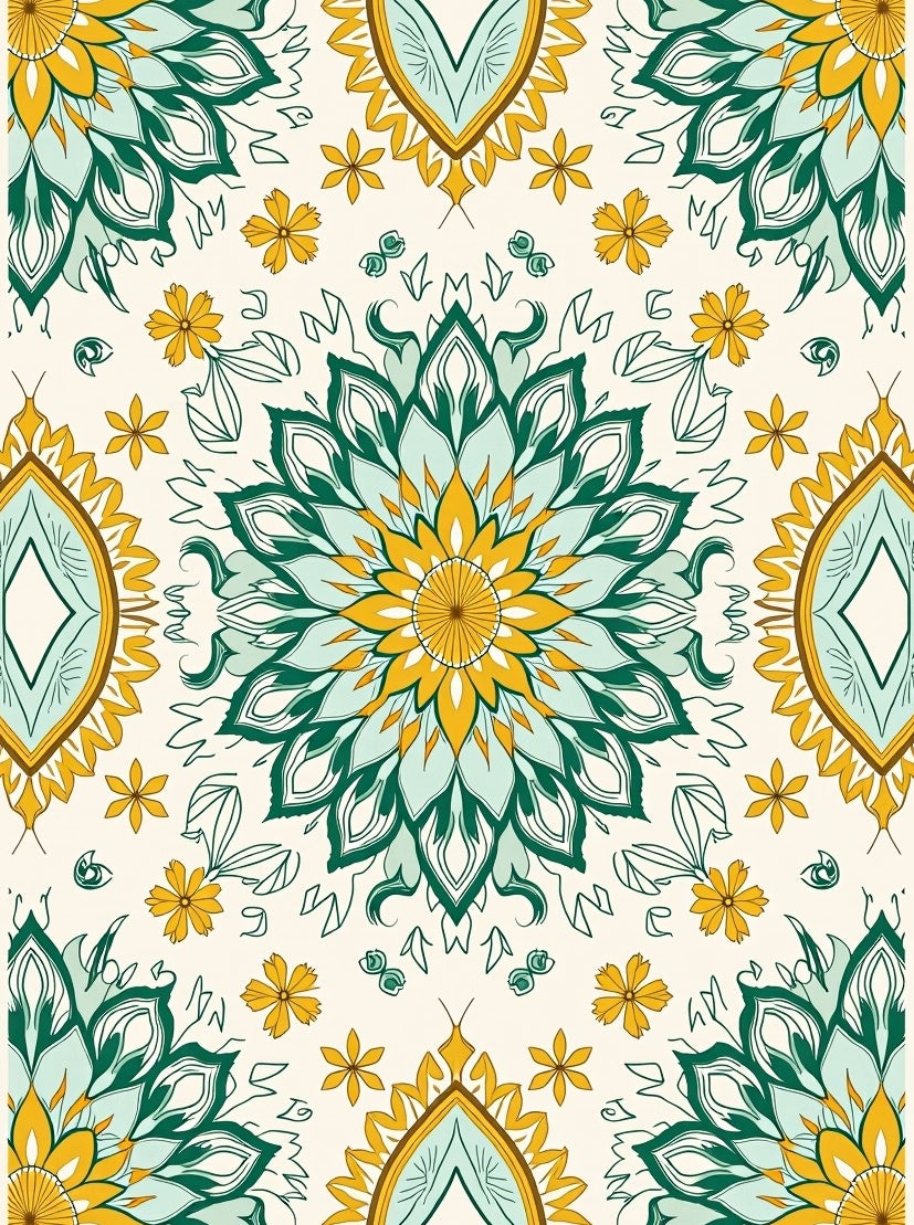 Ornate Teal Yellow Sunburst Pattern Rug