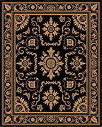 Elaborate Floral Scrollwork Black Gold Rug