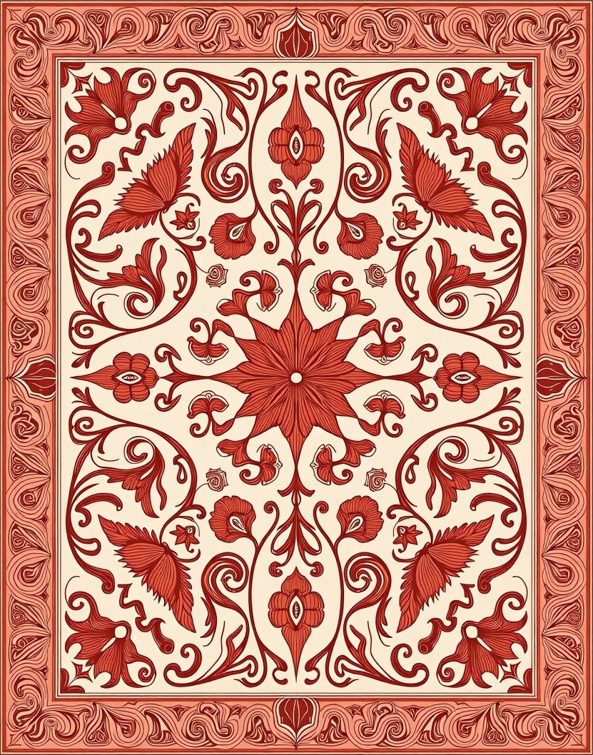 Ornate Floral Scrollwork Cream Red Rug