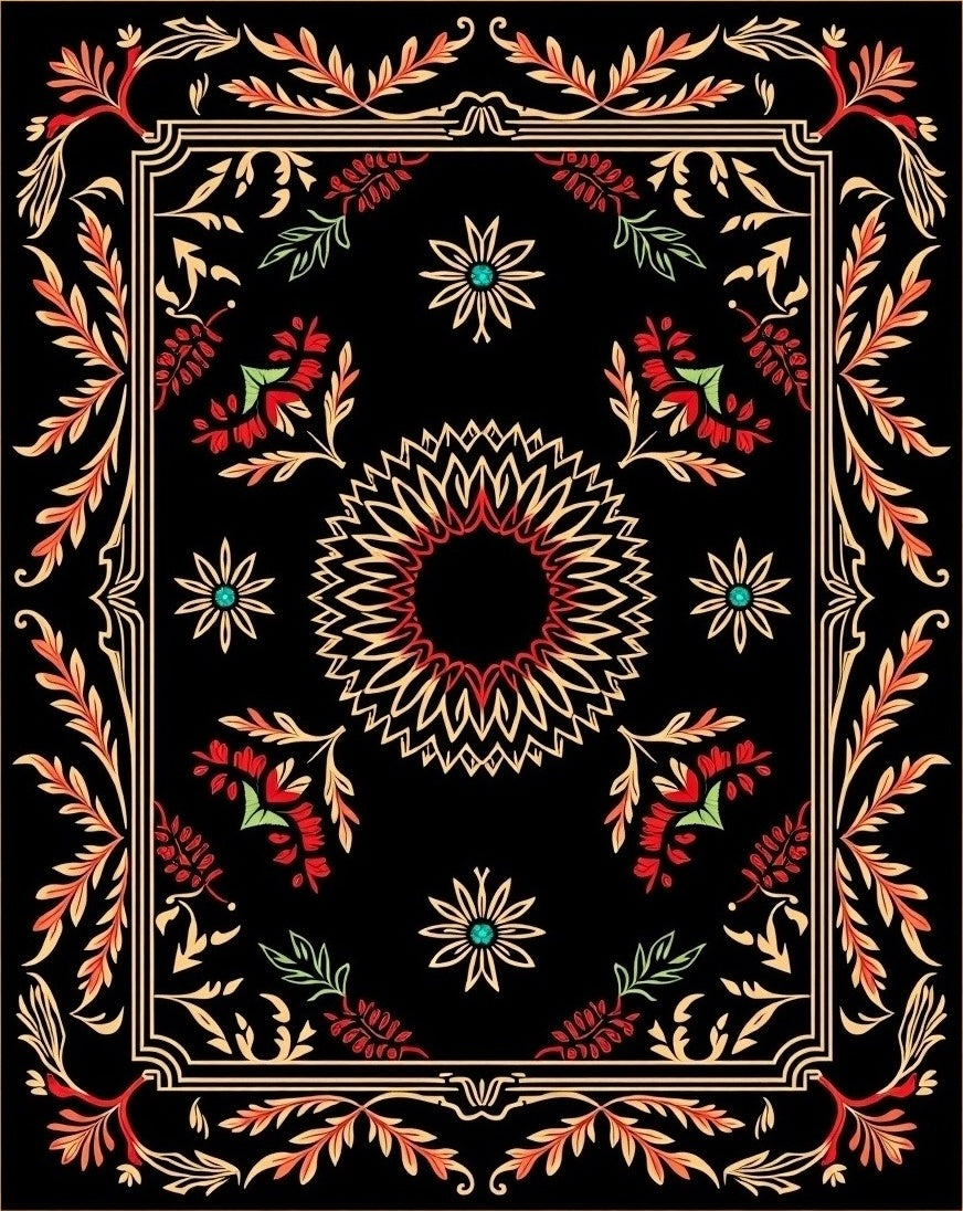 Black Floral Sunburst Pattern Rug