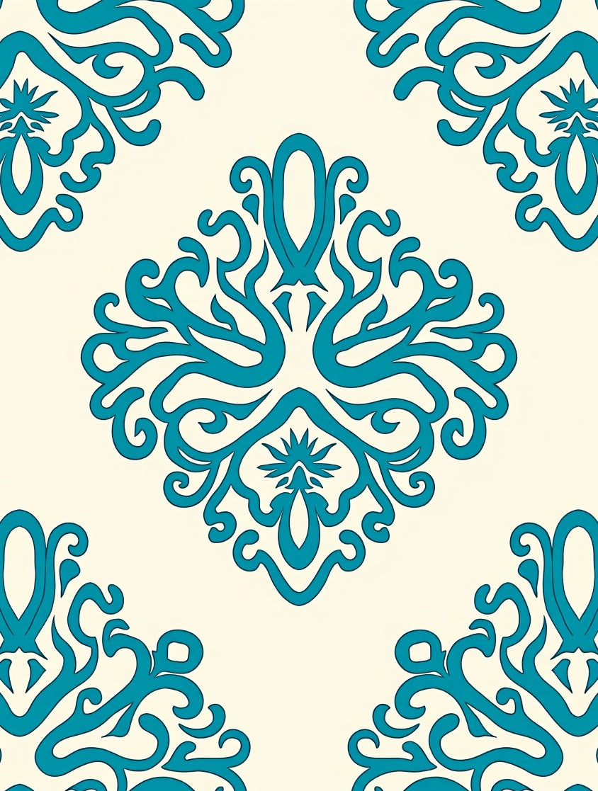 Teal Damask Flourish Pattern Rug